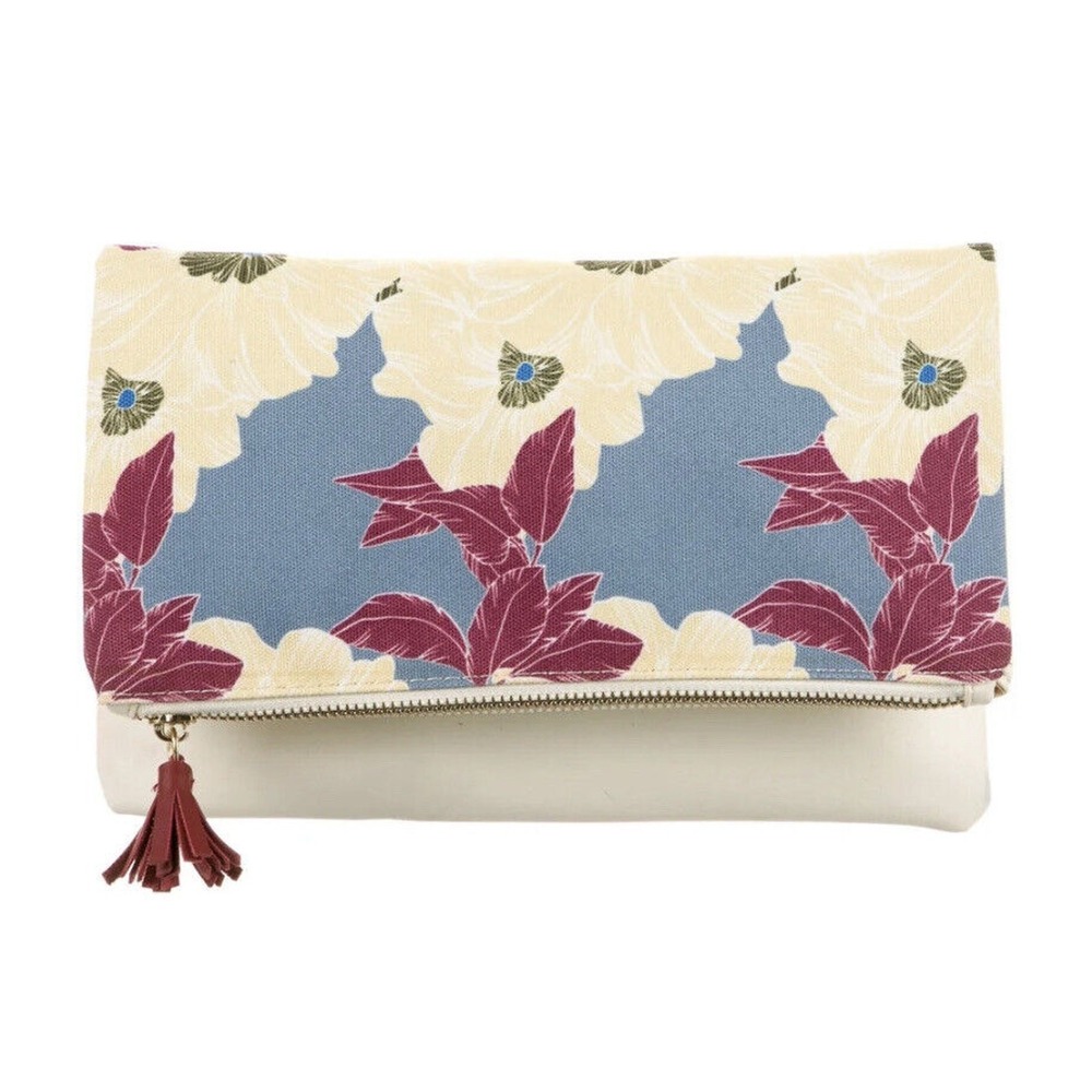 Rachel Pally Floral Fold Over Clutch Canvas Vegan Leather Cream Blue Tassel